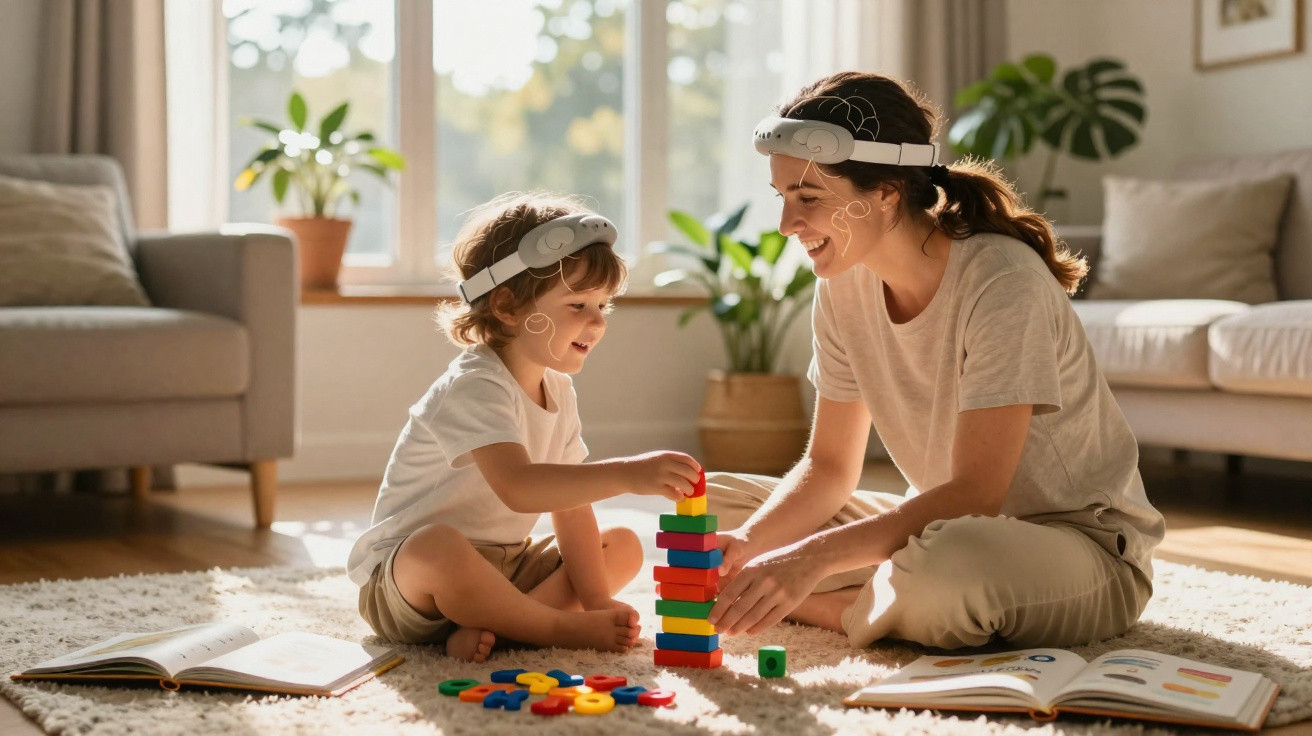 Mãe e filho a usar dispositivos na cabeça, a brincar com blocos coloridos numa sala iluminada e acolhedora.