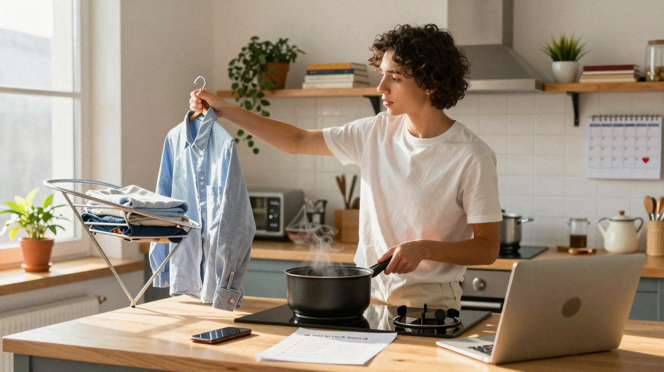 Pessoa a segurar camisa pendurada enquanto coze na cozinha moderna com roupa passada numa estendal.