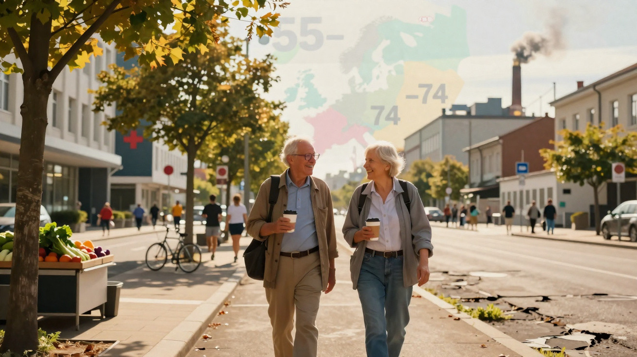 Casal sénior feliz a caminhar numa rua urbana com árvores e pastelaria ao ar livre.
