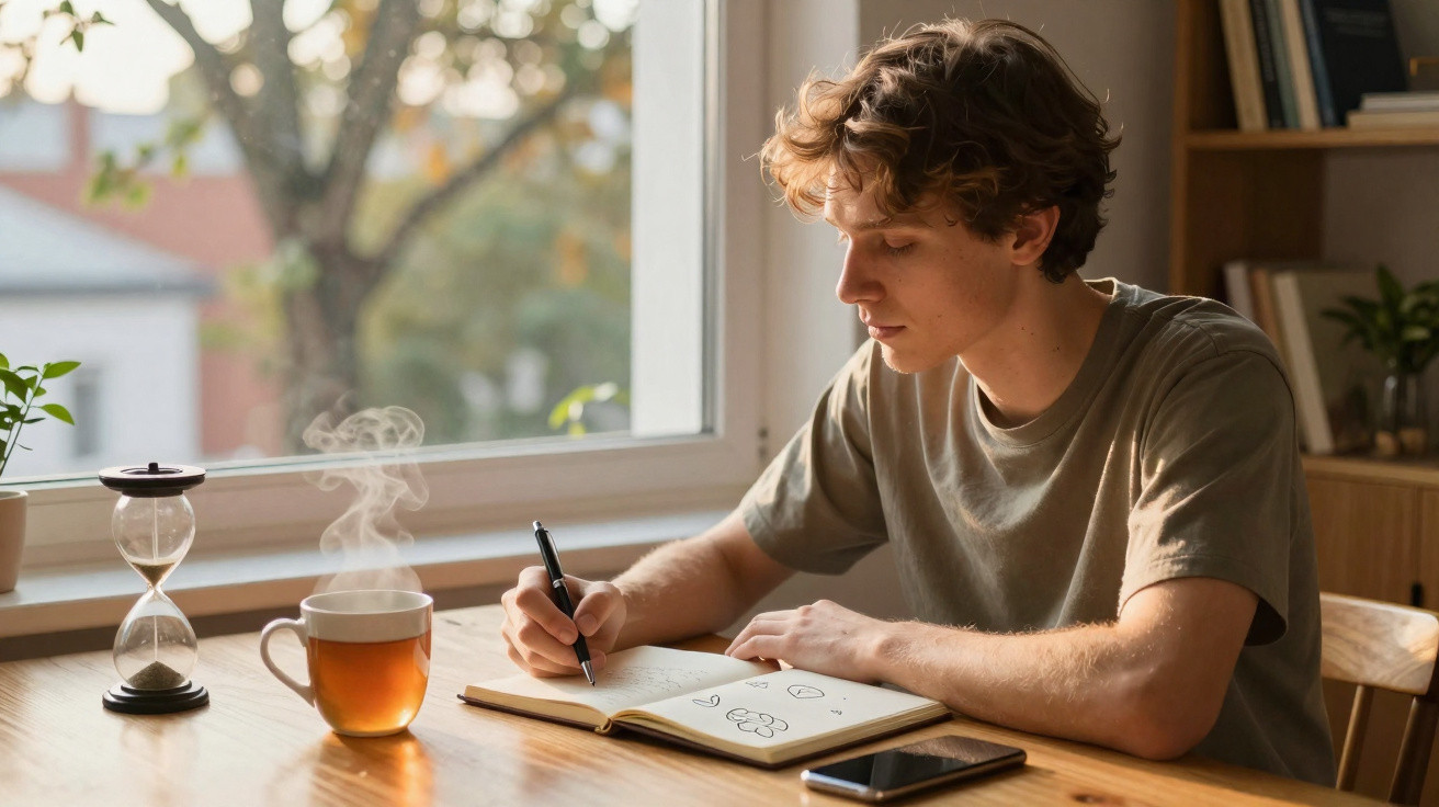 Jovem a desenhar num caderno, sentado numa mesa com chá a vapor e ampulheta perto da janela.