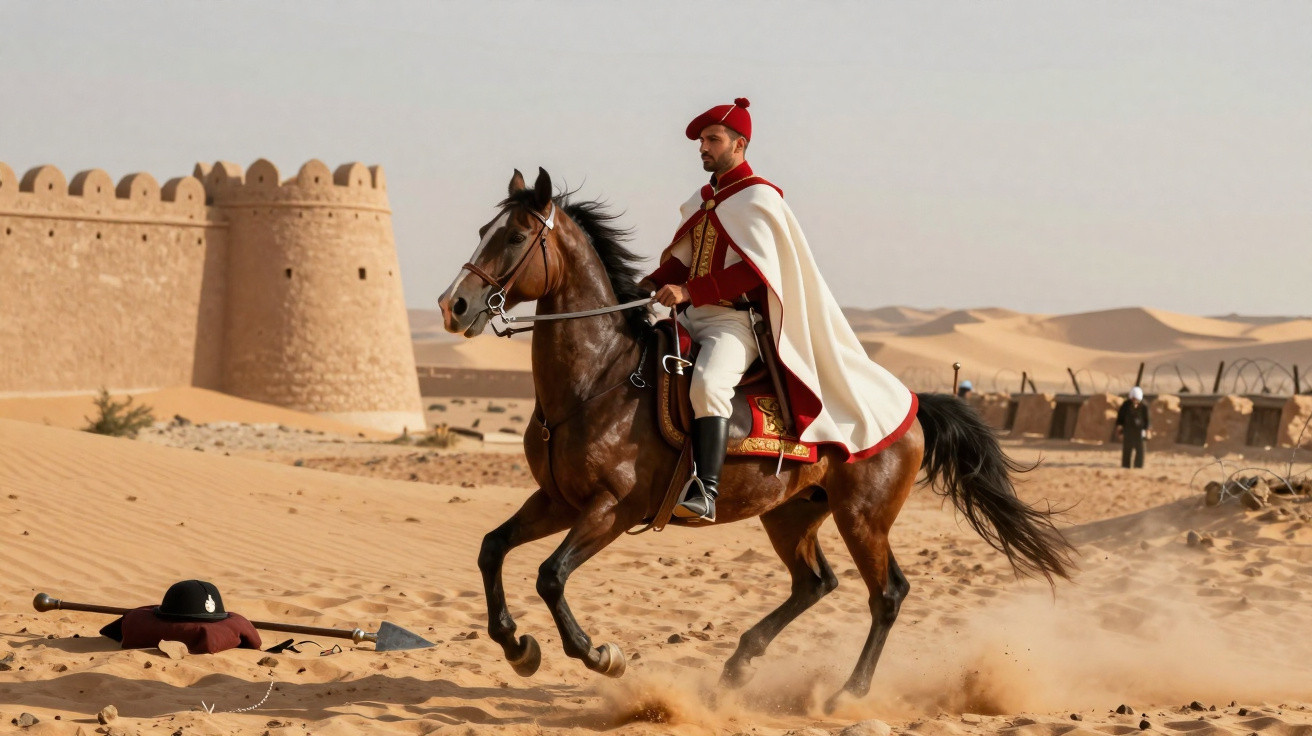 Homem em traje tradicional montado a cavalo em deserto com muralha antiga ao fundo.