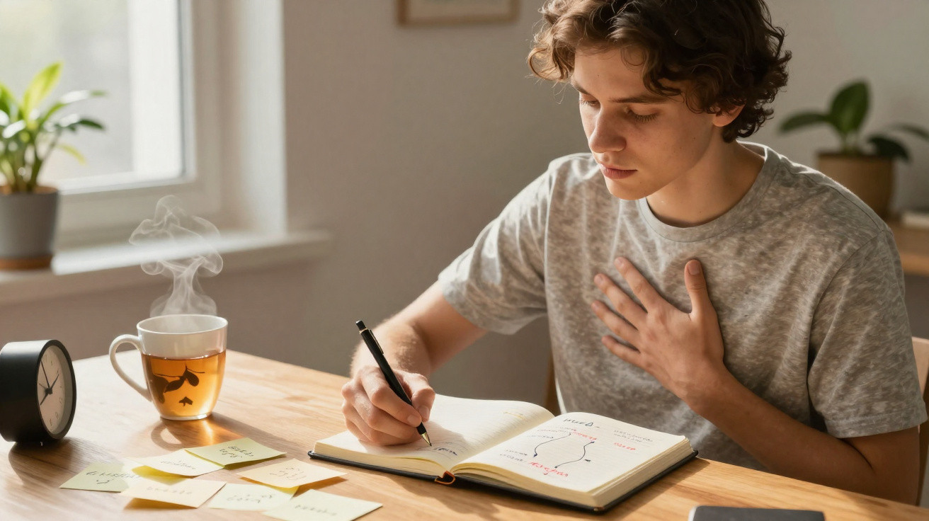 Jovem concentrado a escrever num caderno, com chá quente e notas adesivas numa mesa de madeira.