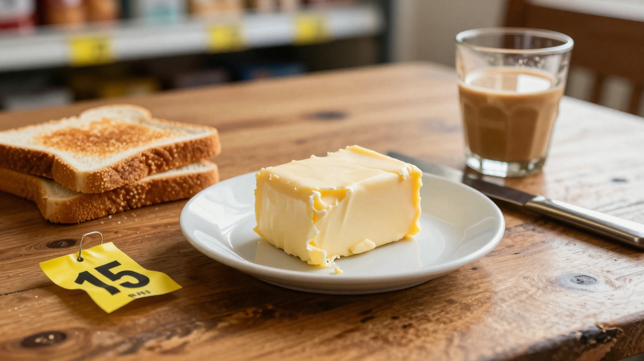 Prato branco com manteiga, fatias de pão torrado, chá quente e faca sobre mesa de madeira.