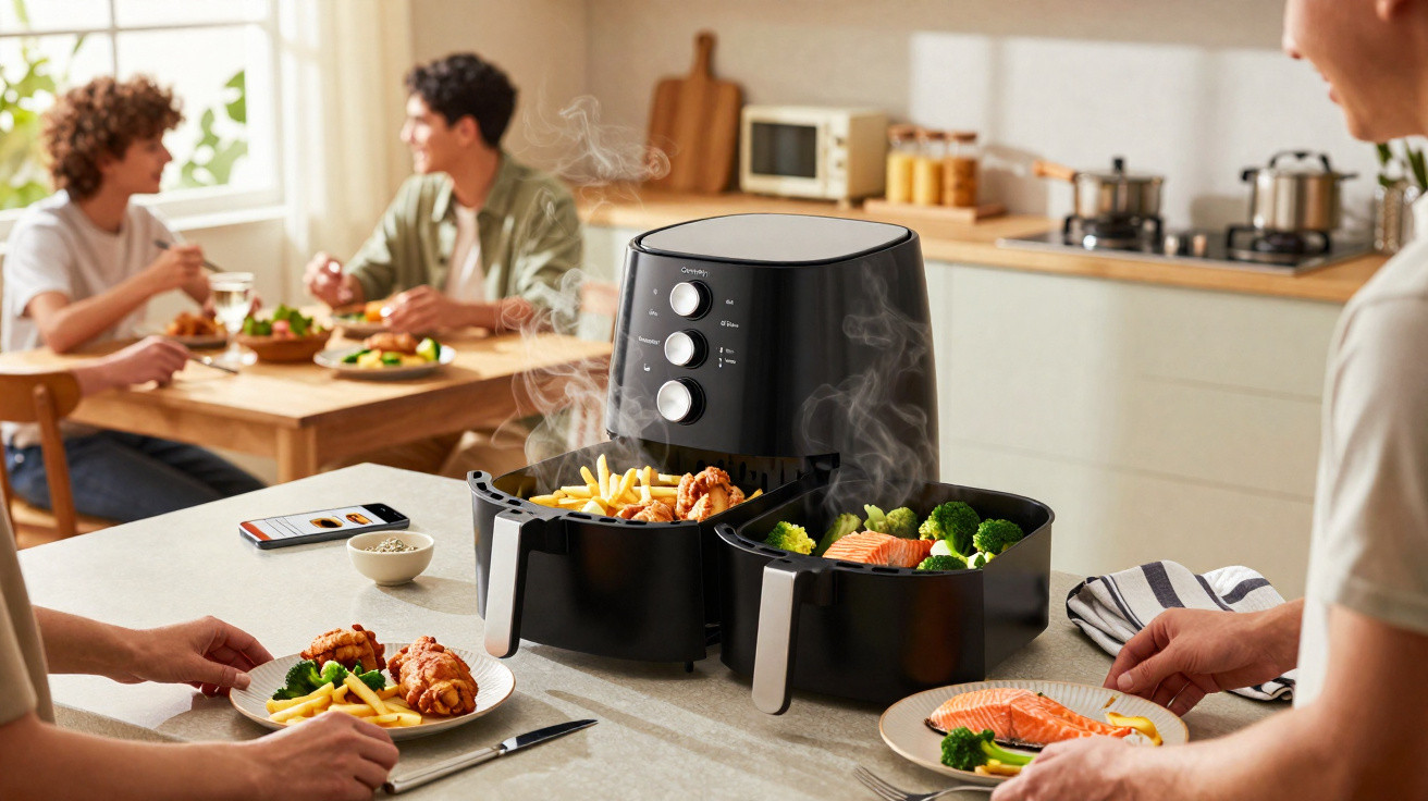 Frigideira elétrica preta com batatas fritas, salmão e legumes, pessoas a servir-se numa cozinha moderna.