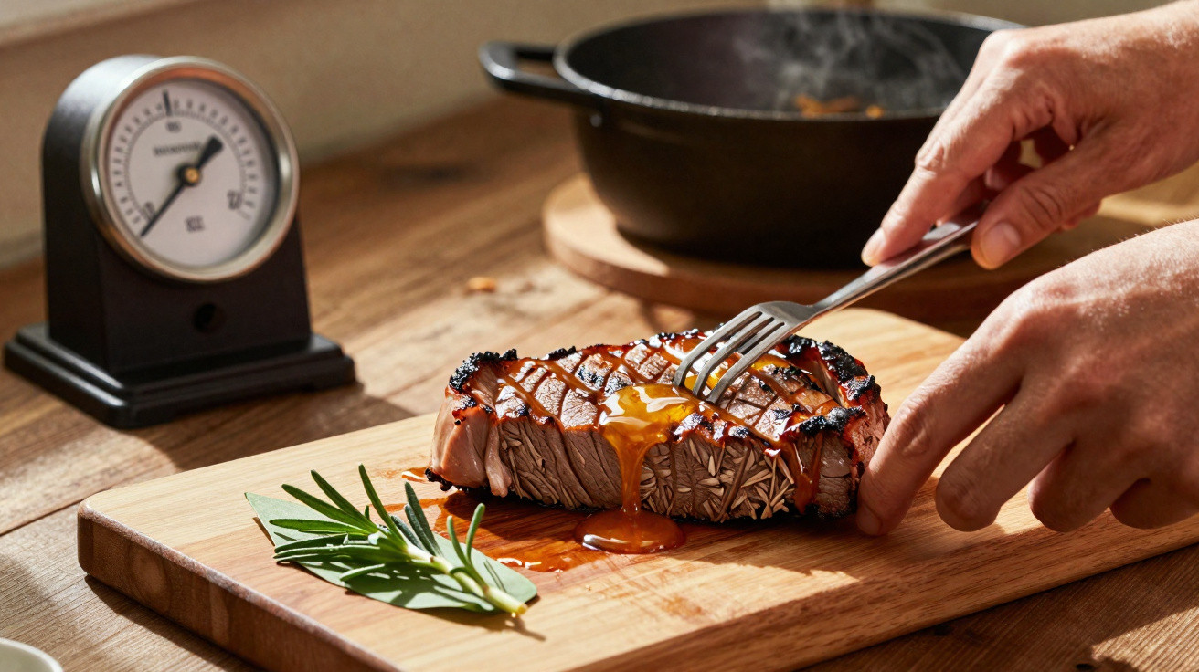 Mão a cortar bife suculento em tábua de madeira com termómetro de carne e ramo de alecrim ao lado.