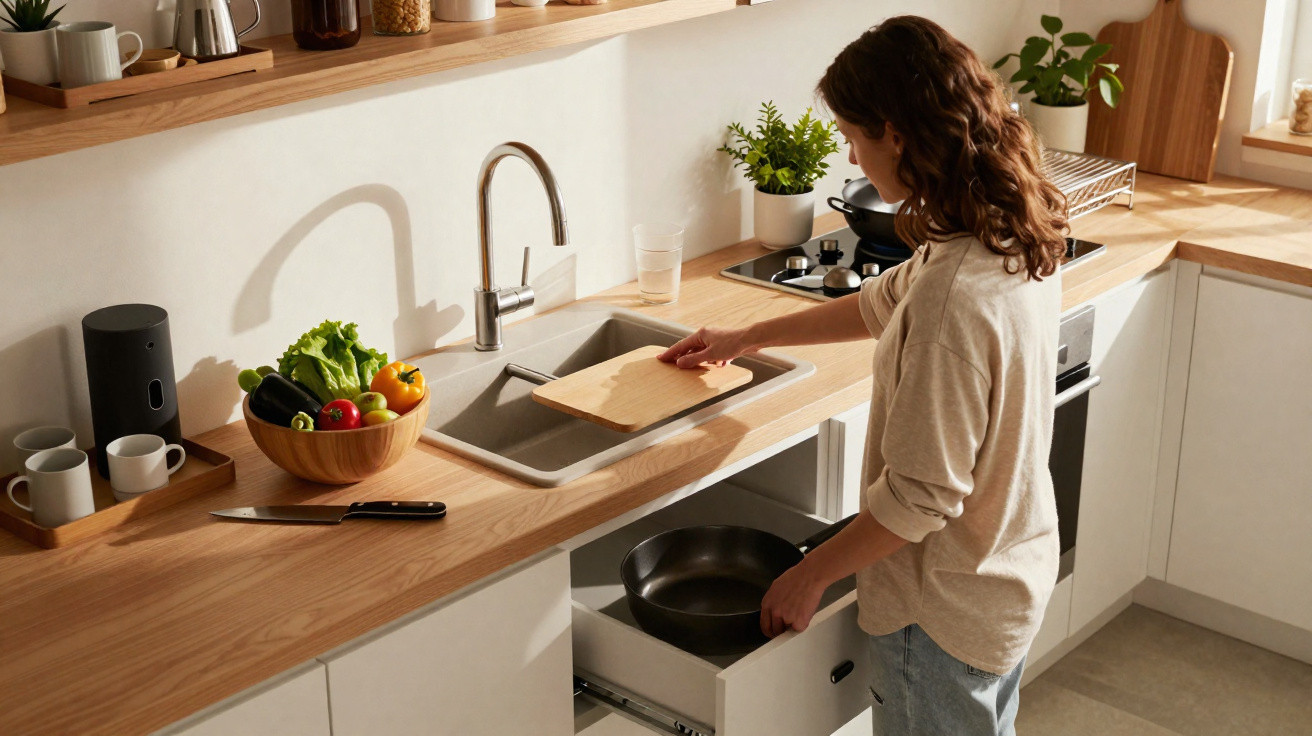 Mulher a guardar frigideira numa cozinha moderna com bancada de madeira e legumes numa tigela.
