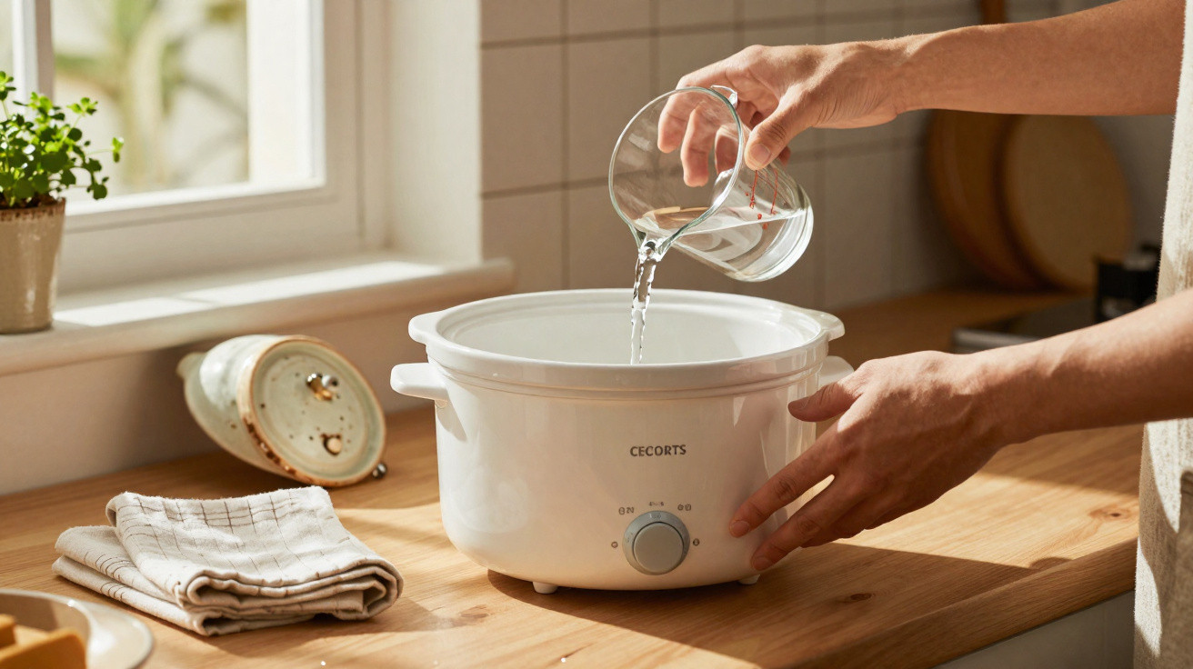 Mãos a verter água de um copo para uma panela elétrica branca numa cozinha iluminada.