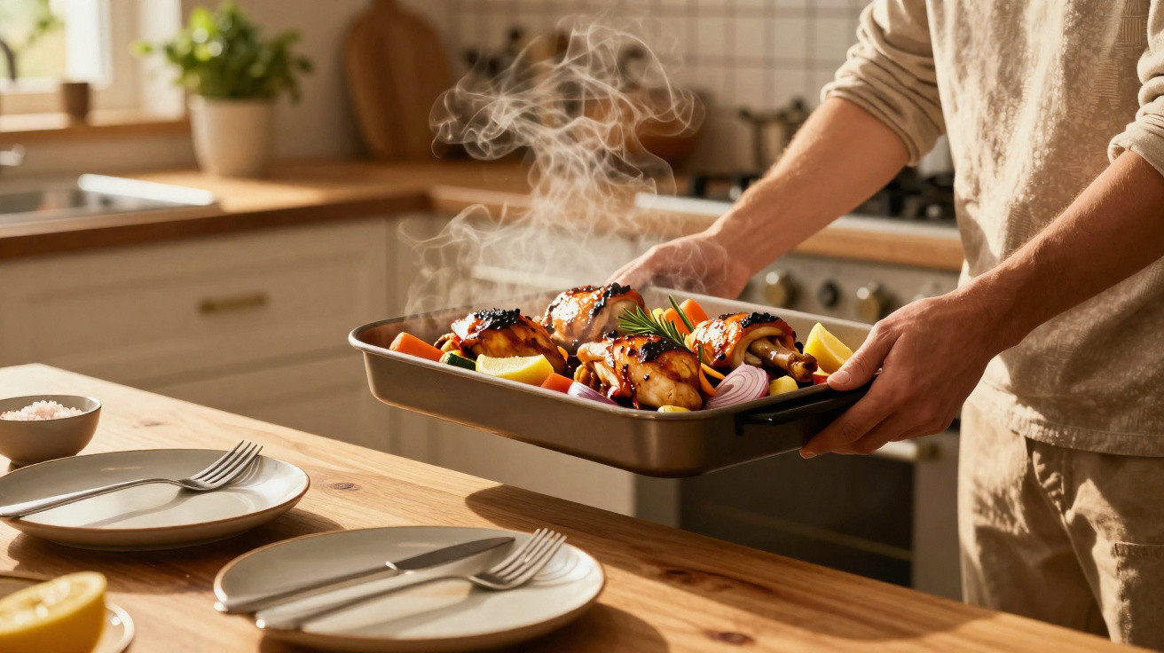 Pessoa a retirar do forno uma travessa com frango assado fumegante e legumes numa cozinha iluminada.