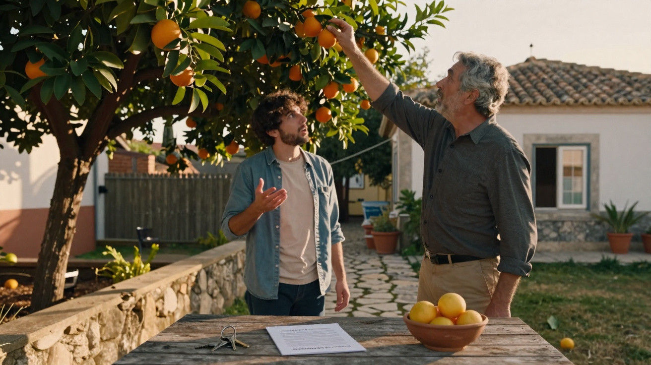 Homem mais velho apanha laranja de árvore enquanto homem mais novo observa no jardim de uma casa tradicional.