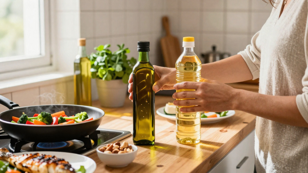 Pessoa na cozinha a segurar duas garrafas de azeite, com legumes a cozinhar no fogão e comida na bancada.