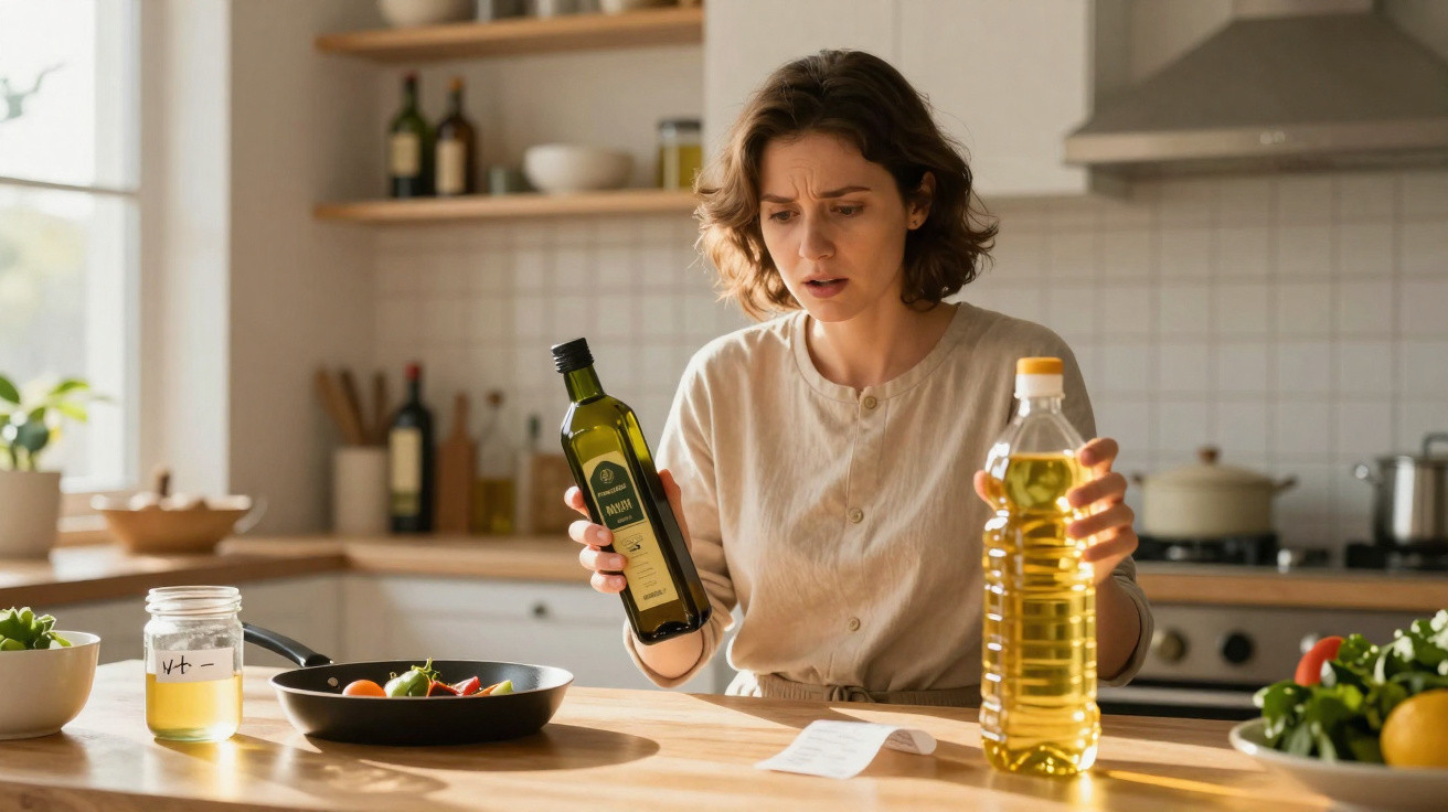 Mulher na cozinha a comparar azeite em duas garrafas enquanto lê uma lista de compras.