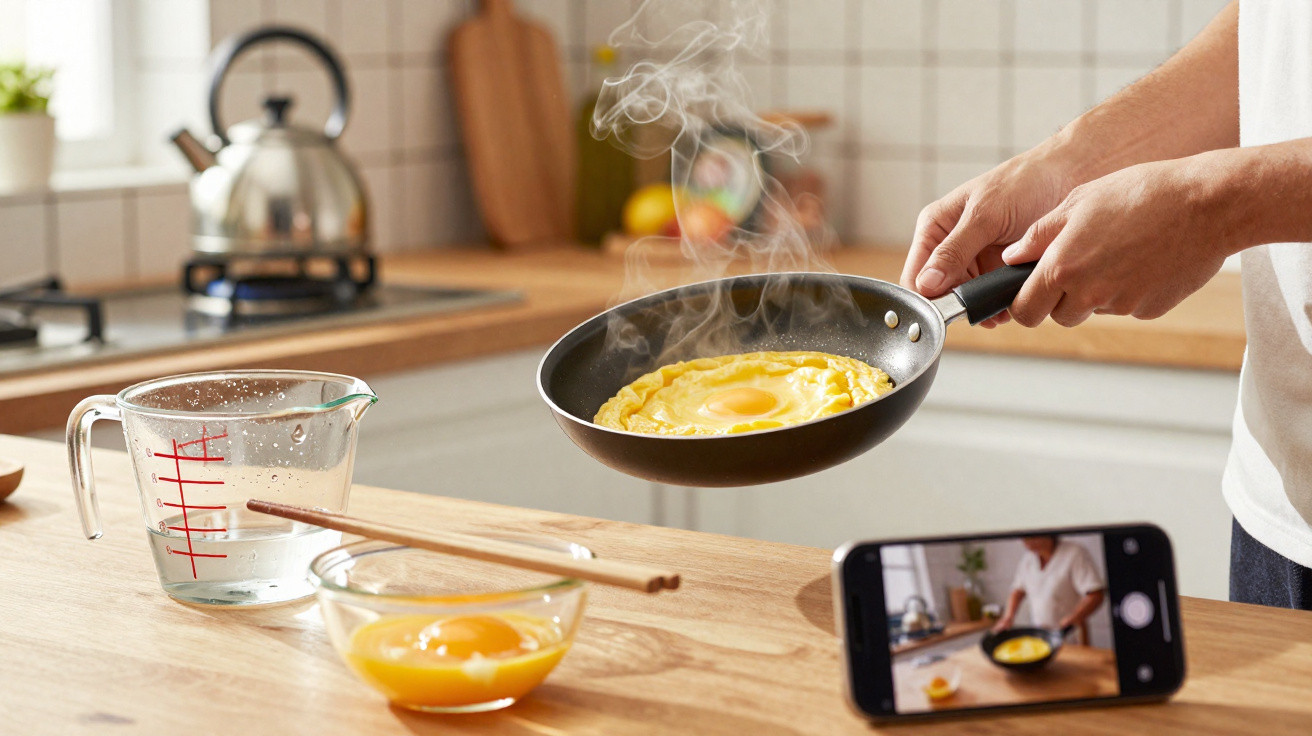 Pessoa a cozinhar um ovo estrelado numa frigideira enquanto grava com o telemóvel numa cozinha moderna.