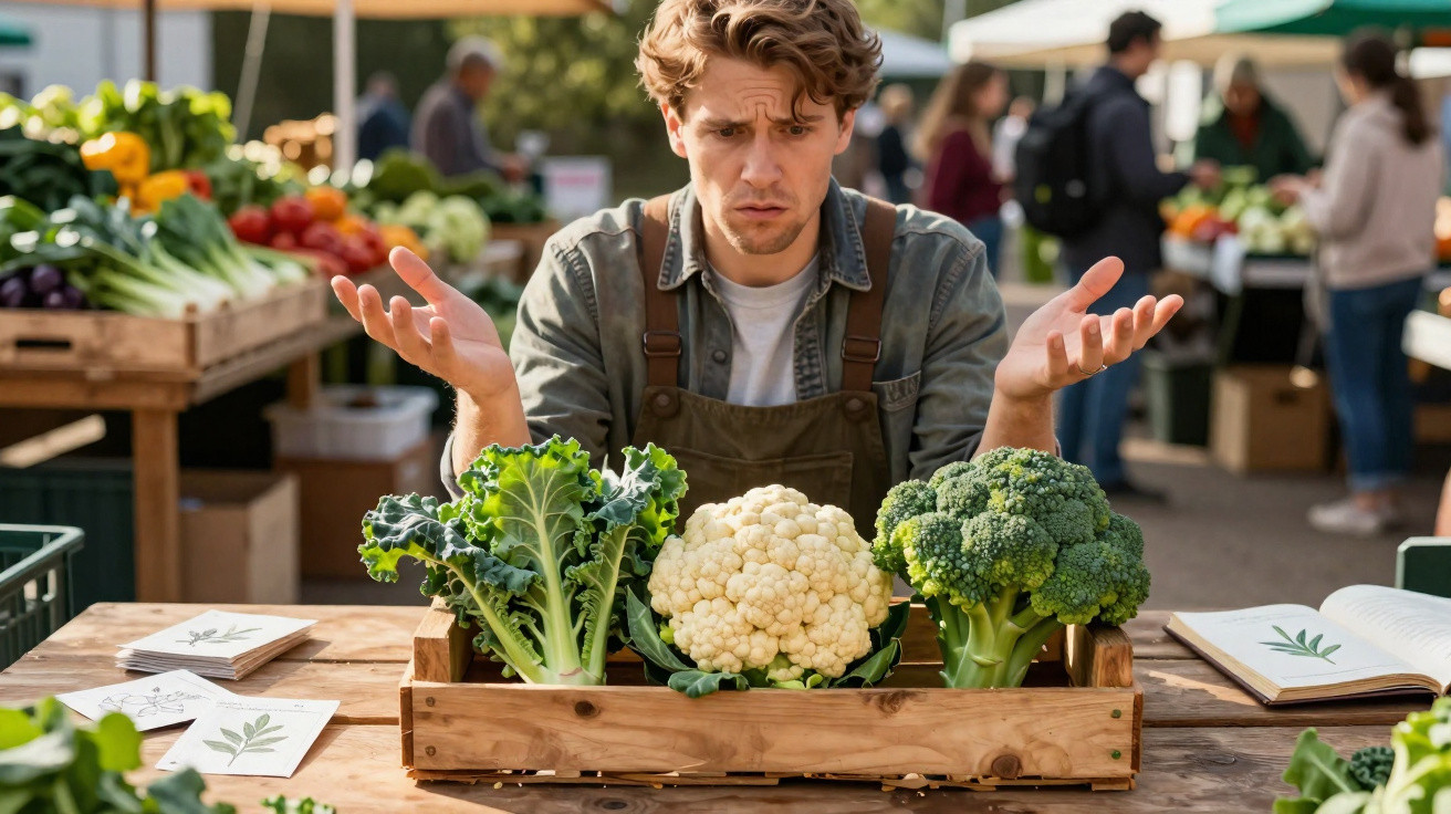 Homem em mercado ao ar livre com expressão confusa, sentado atrás de caixa com couve, couve-flor e brócolos.