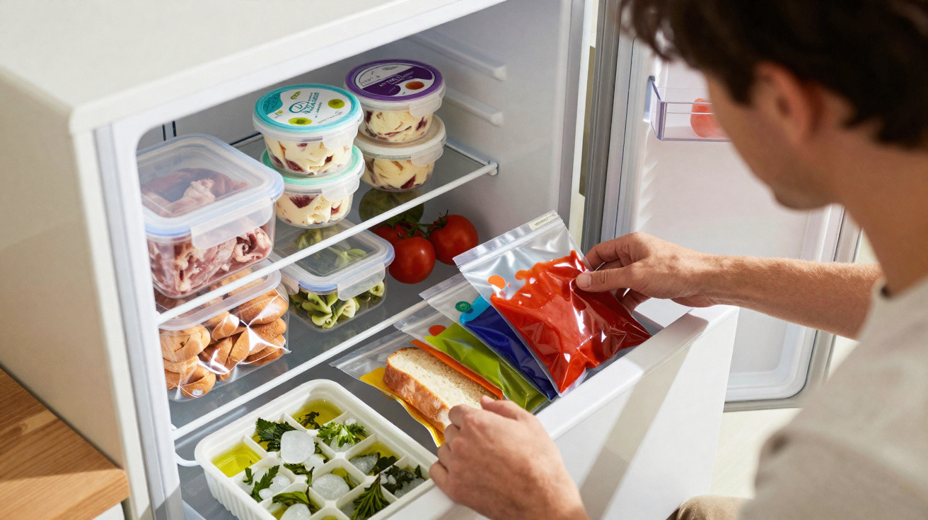 Pessoa a organizar sacos coloridos e alimentos num frigorífico aberto com vários recipientes e legumes.