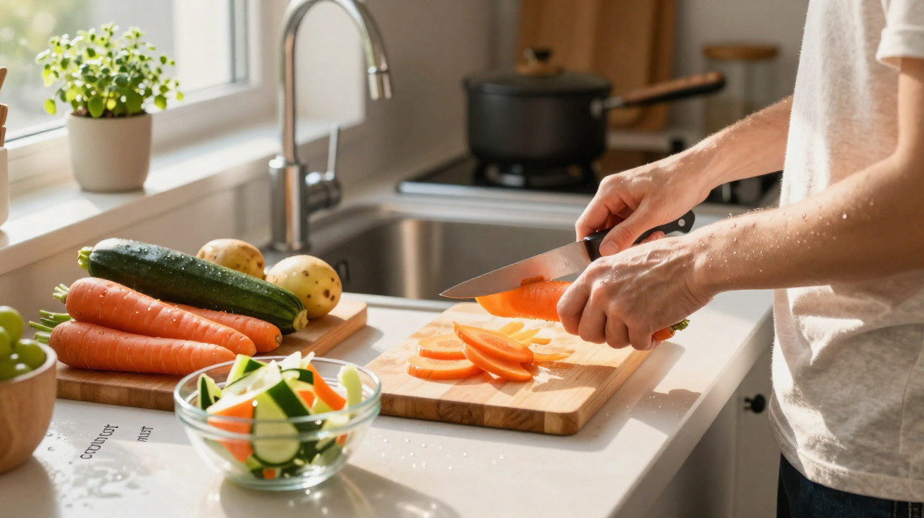 Pessoa a cortar cenoura numa tábua numa cozinha iluminada, com legumes frescos à vista.