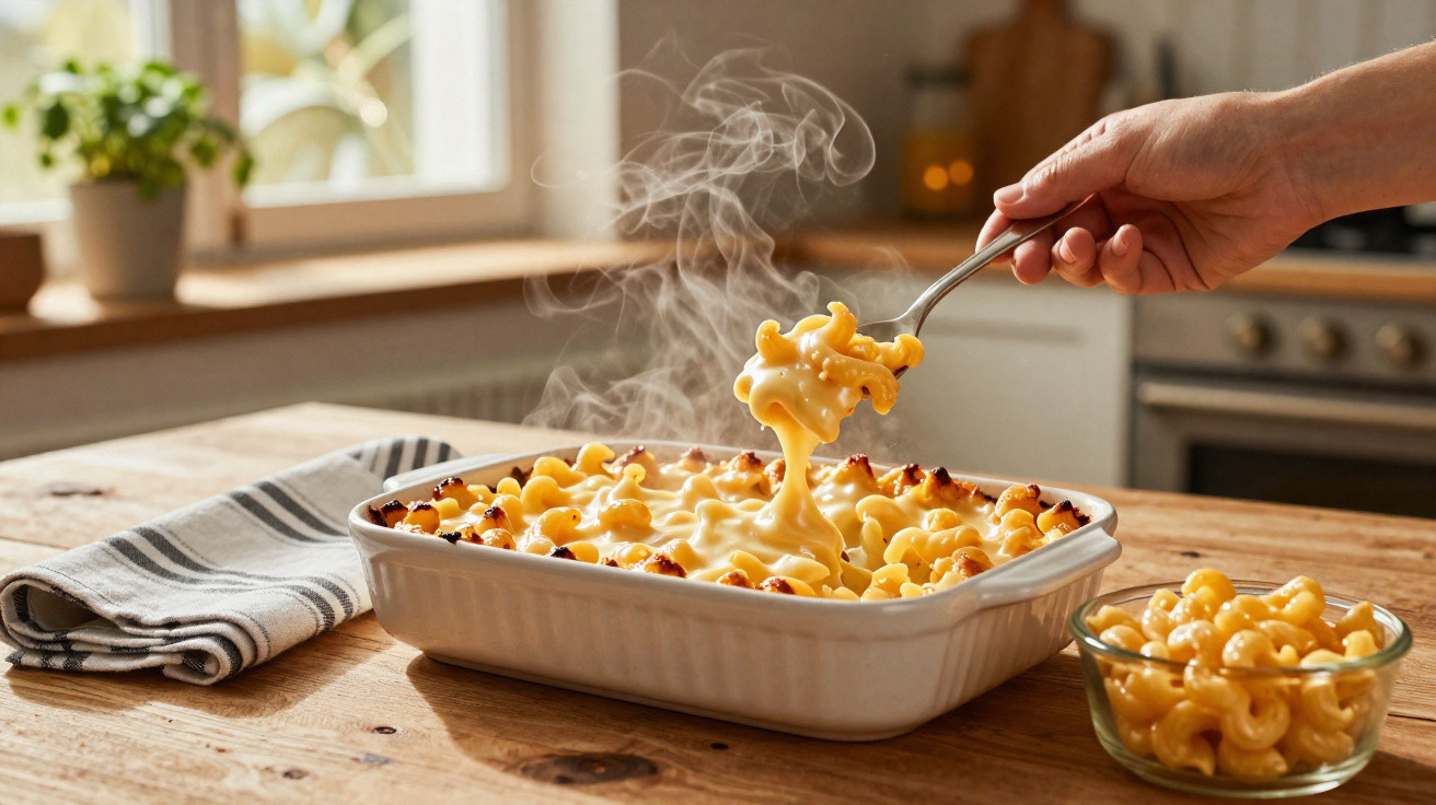 Mão a servir macarrão com queijo fumegante de um tabuleiro branco numa mesa de madeira.
