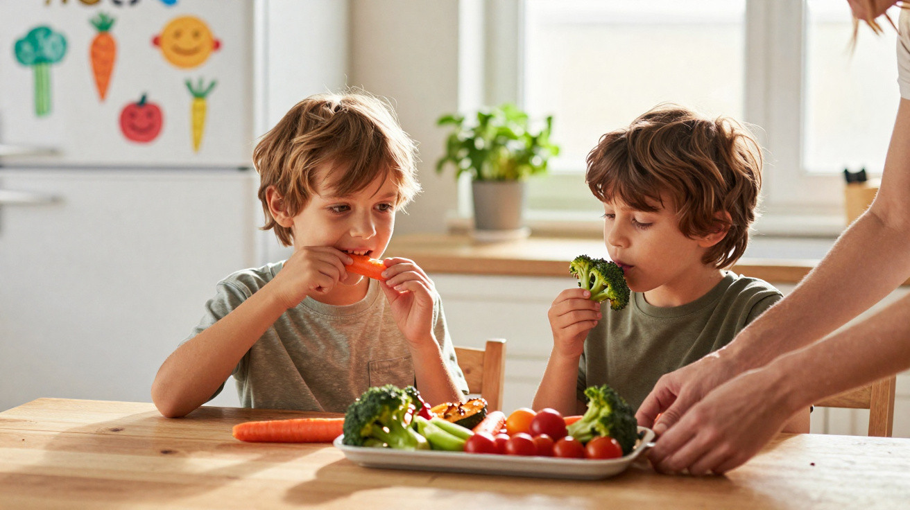 Duas crianças sentadas à mesa a comer legumes frescos, com uma pessoa a servir um prato de vegetais.