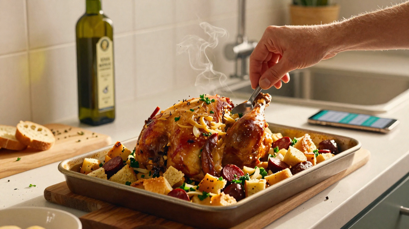 Frango assado com legumes e pão servido numa travessa, com vapor a subir e mão a segurar a coxa.