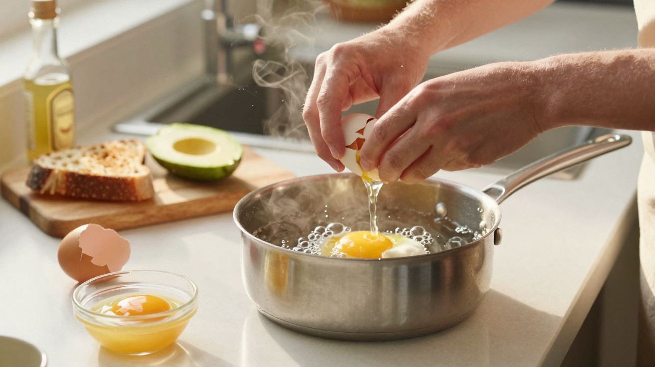Pessoa a partir ovo numa frigideira com pão, abacate e azeite numa bancada de cozinha.