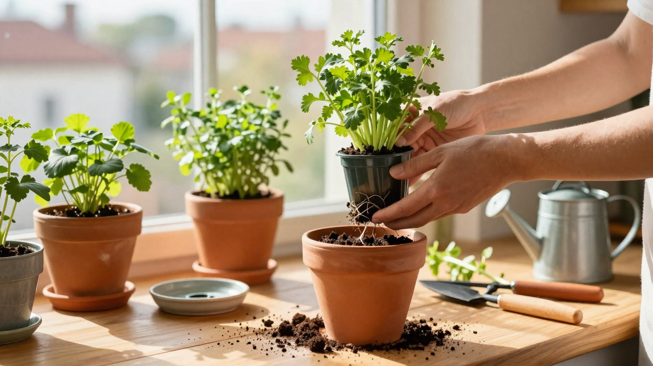 Mãos a transplantar planta aromática para vaso de barro num espaço com várias plantas junto à janela iluminada.