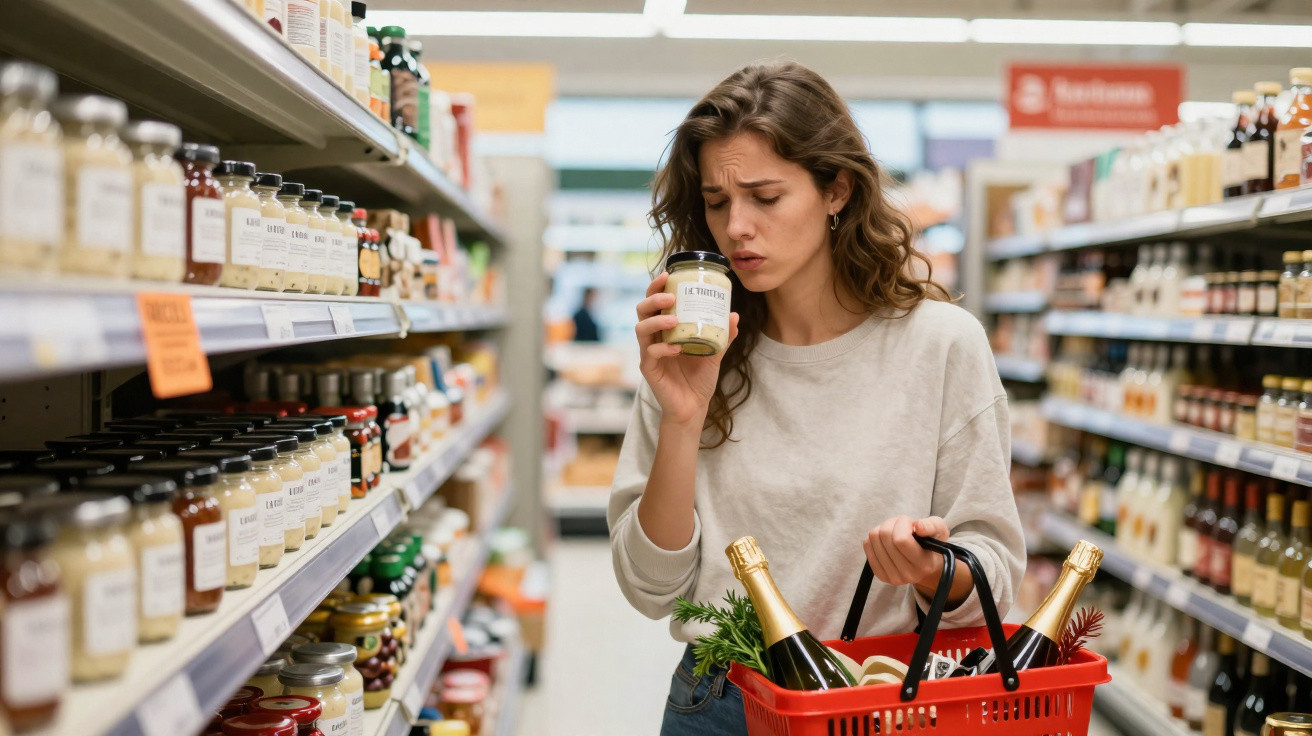 Mulher no supermercado cheira frasco de condimento enquanto segura cesta com garrafas de vinho.
