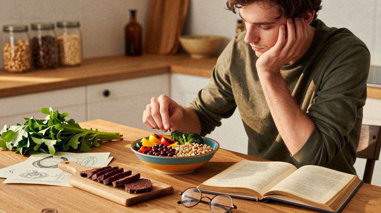 Jovem sentado a comer salada enquanto estuda numa cozinha com tábua de carne e legumes na mesa.
