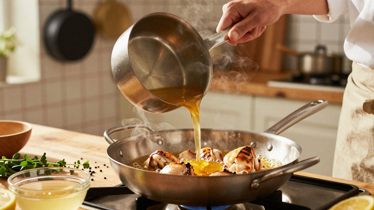 Pessoa a verter molho quente numa frigideira com frango a cozinhar numa cozinha iluminada.