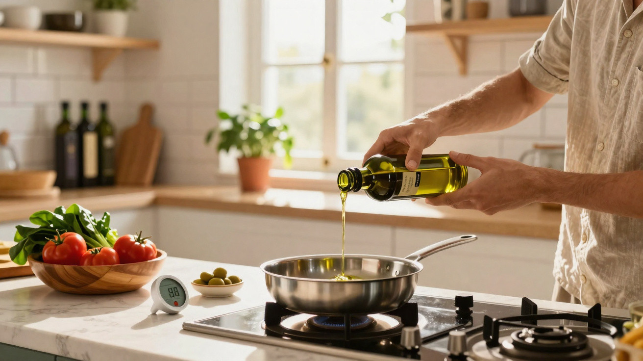 Pessoa a verter azeite numa frigideira numa cozinha luminosa com legumes e temperos ao lado.