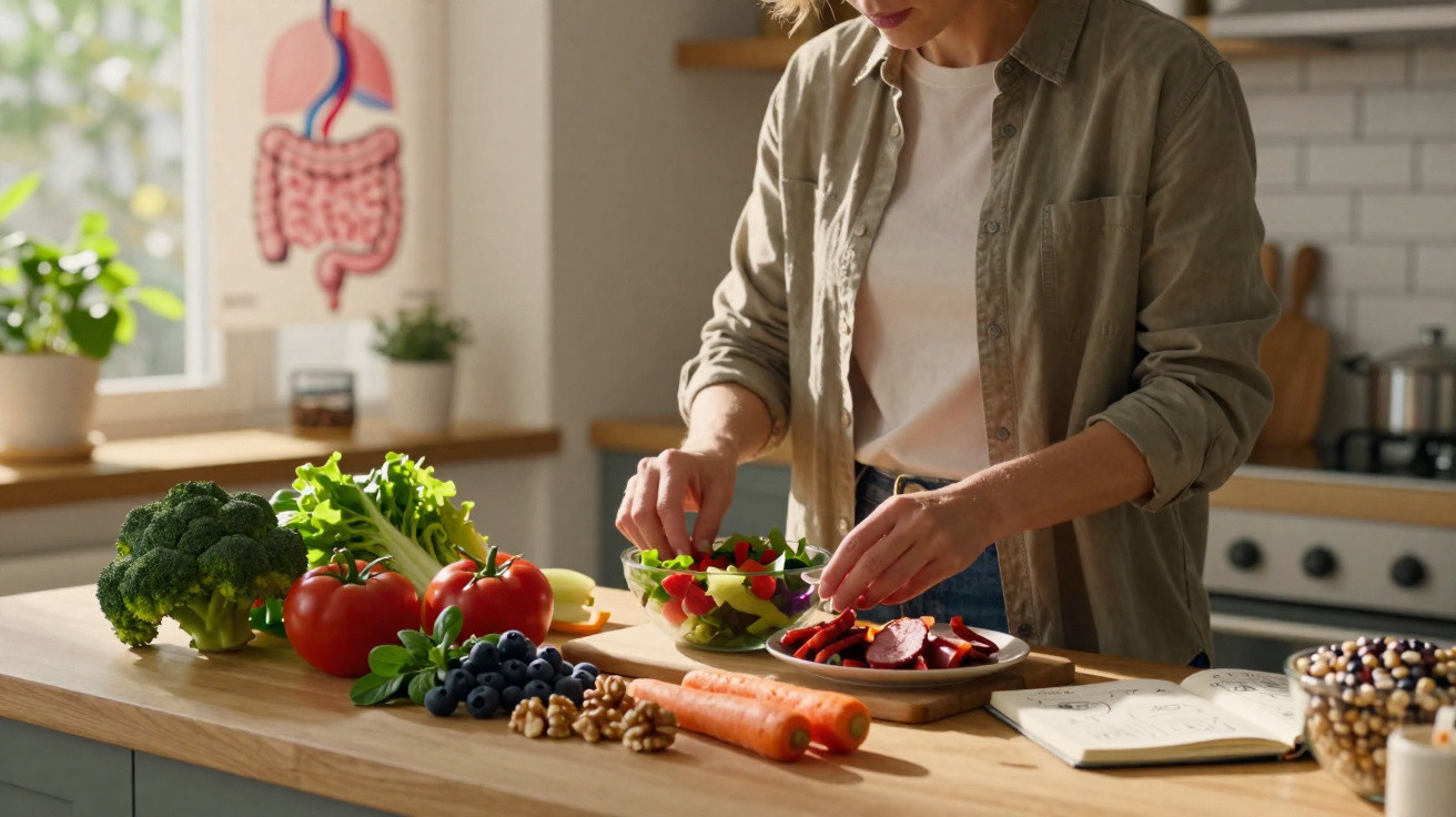 Mulher prepara salada com legumes e frutos numa cozinha iluminada e organizada.