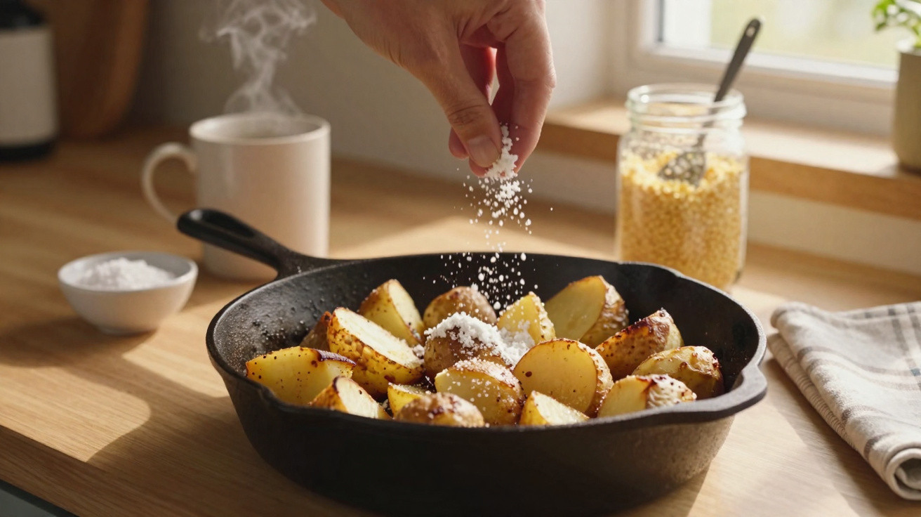 Mão a temperar batatas assadas numa frigideira com sal, numa cozinha iluminada e aconchegante.