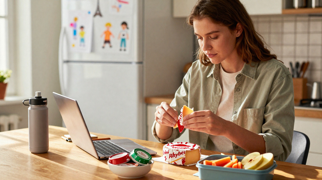Mulher a petiscar queijo mini Babybel sentada à mesa com computador portátil e snacks saudáveis na cozinha.