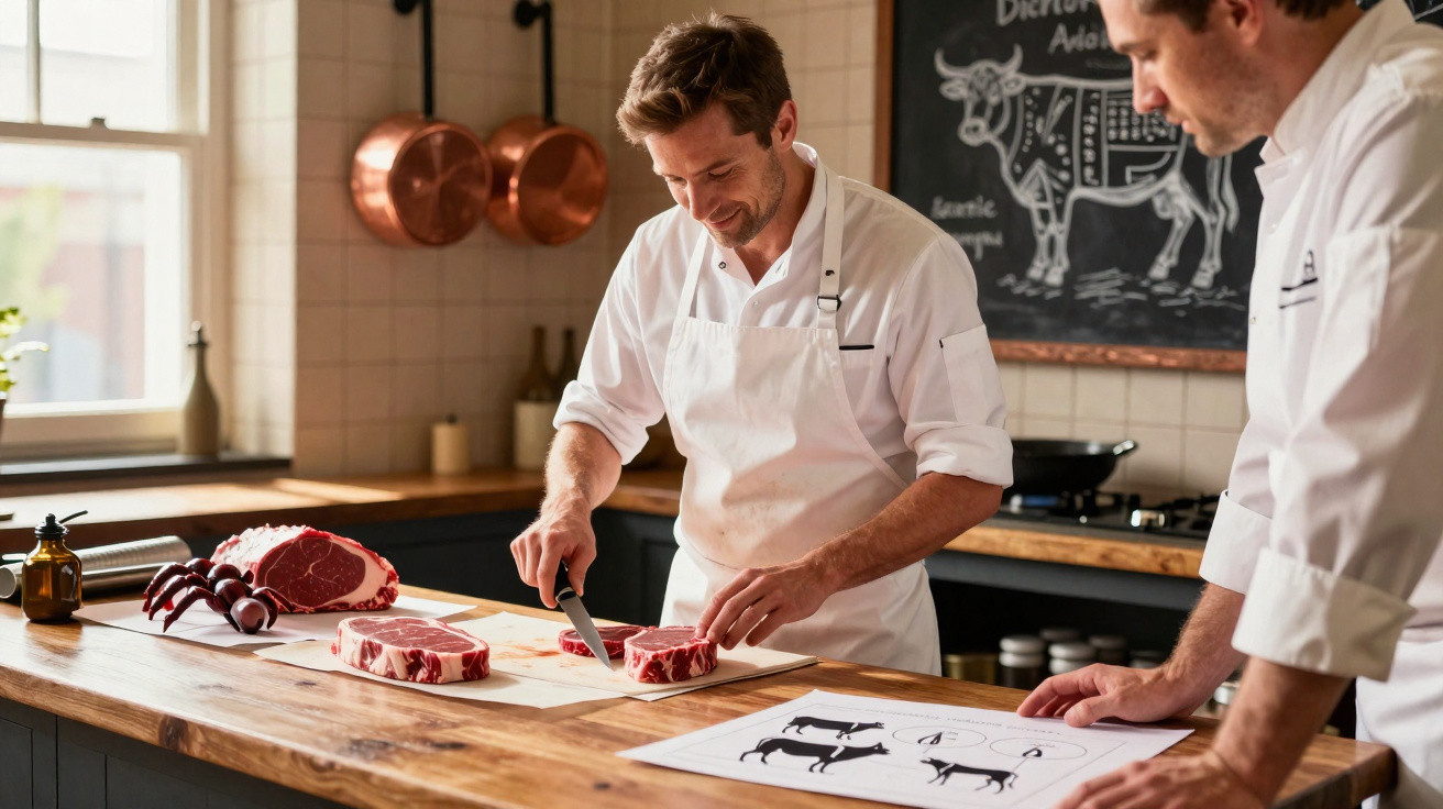 Chefe a cortar bifes numa cozinha enquanto outro observa diagramas de cortes de carne bovina.