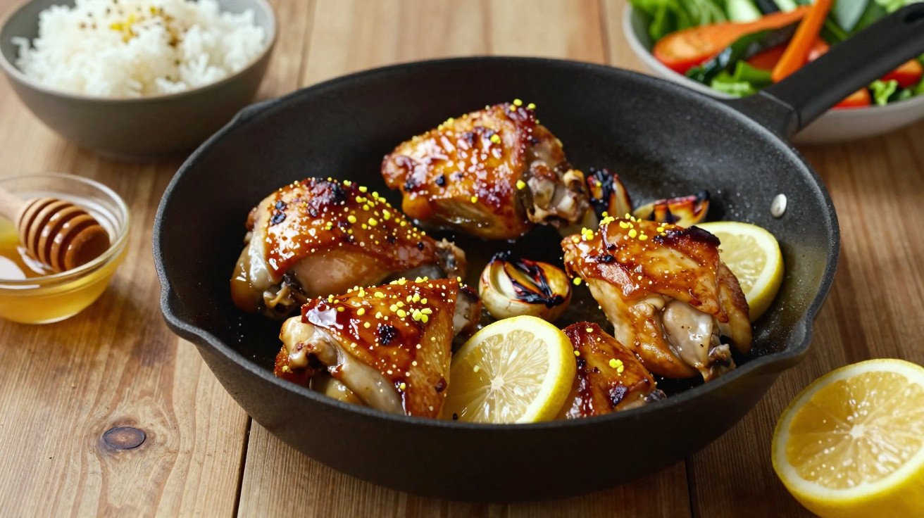 Frango assado com limão e mel numa frigideira preta, acompanhado de arroz e legumes frescos.