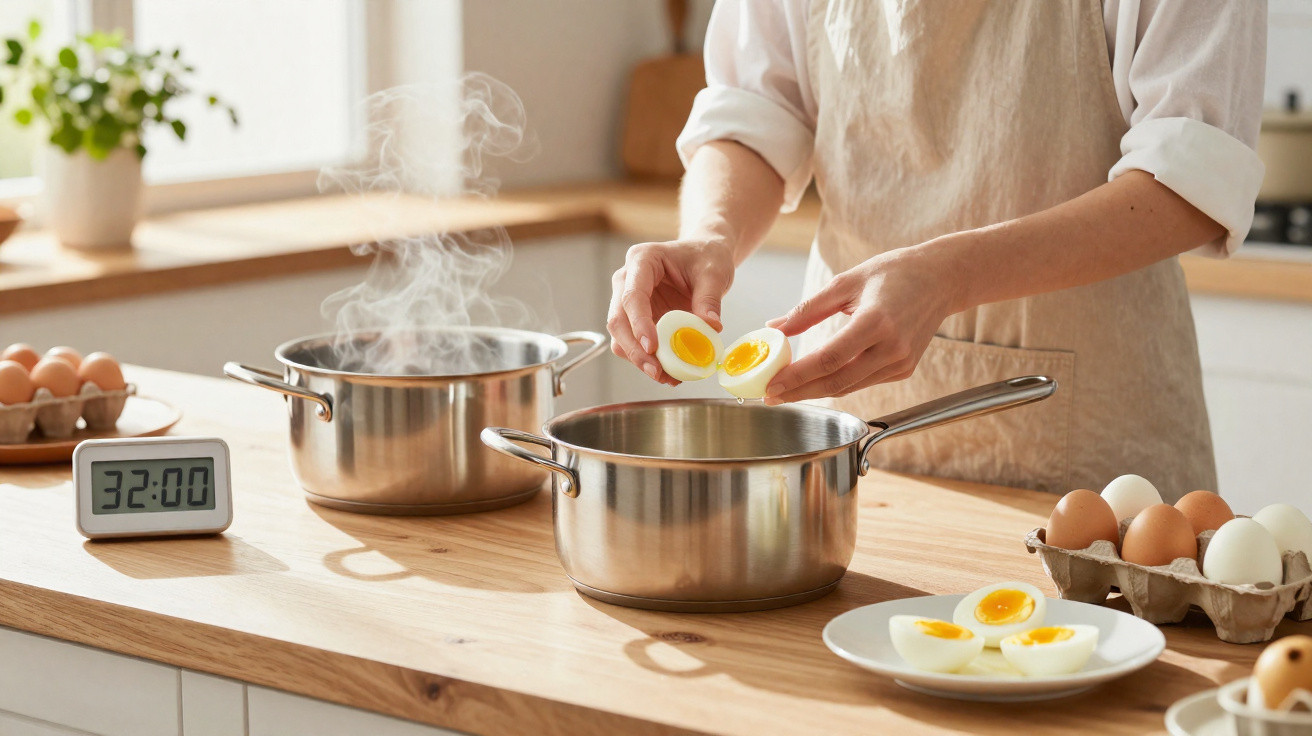 Pessoa a partir ovos cozidos partidos ao meio numa cozinha bem iluminada com tachos de inox e temporizador digital.