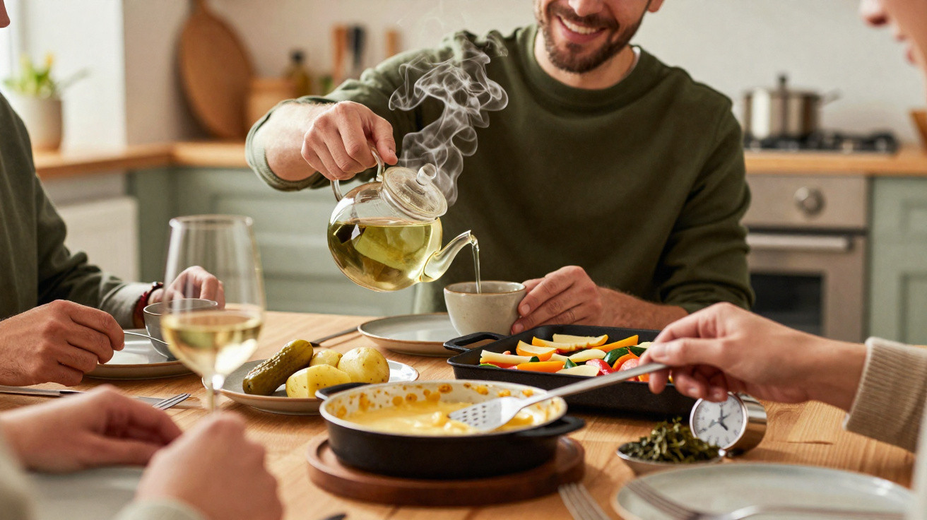Pessoa a servir chá quente numa mesa com comida e pessoas a partilhar uma refeição convivial.