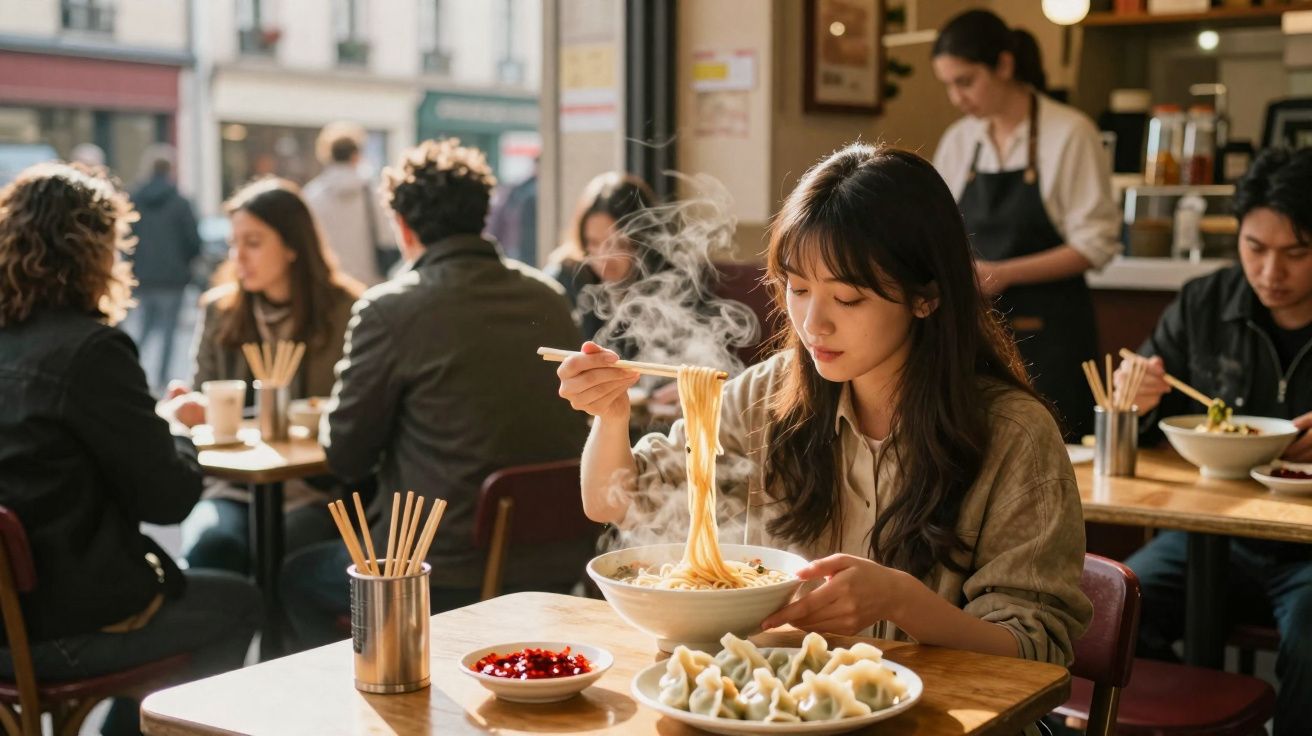 Jovem a comer noodles fumegantes com pauzinhos num restaurante cheio de pessoas.