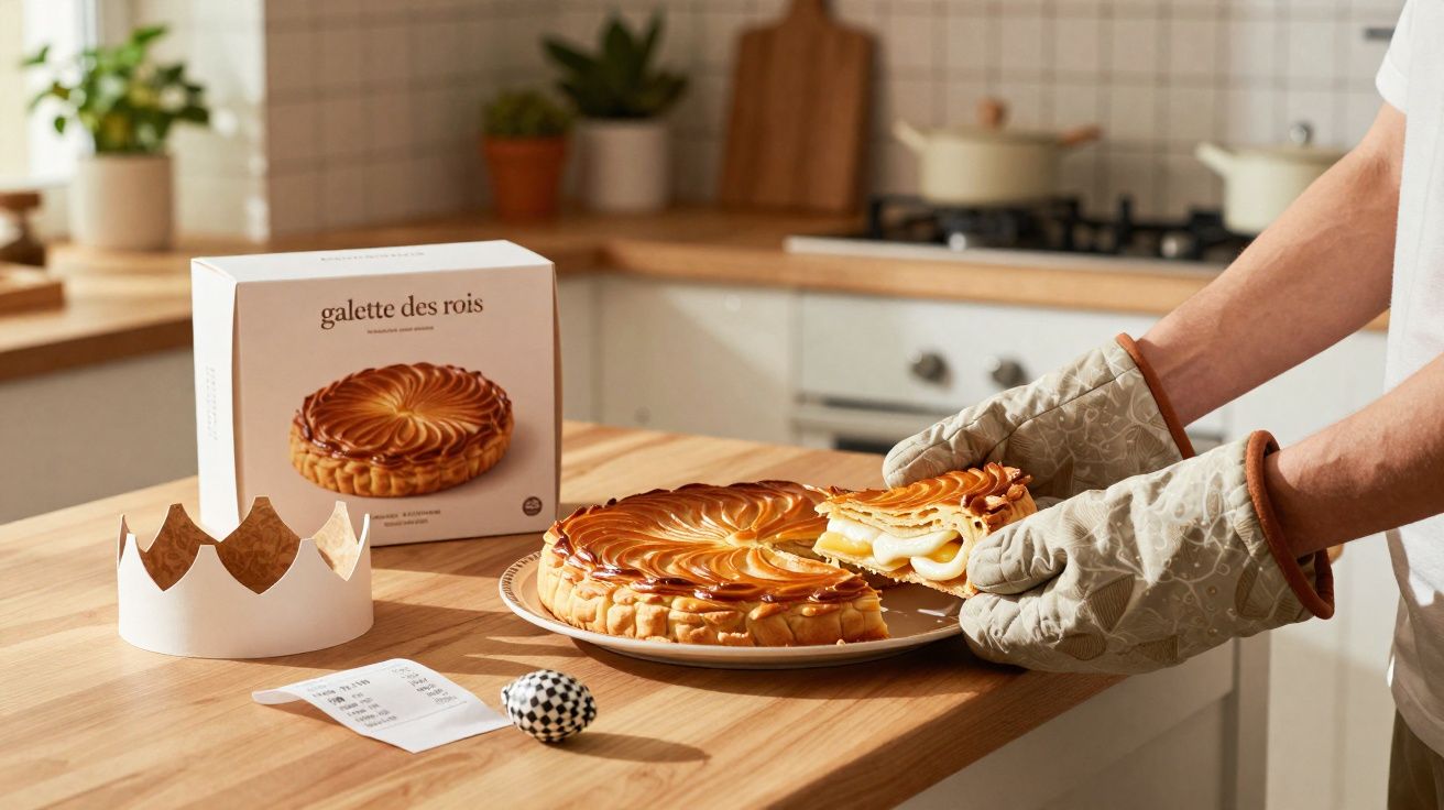 Pessoa a servir fatia de galette des rois numa cozinha moderna com caixa e coroa de papel na bancada