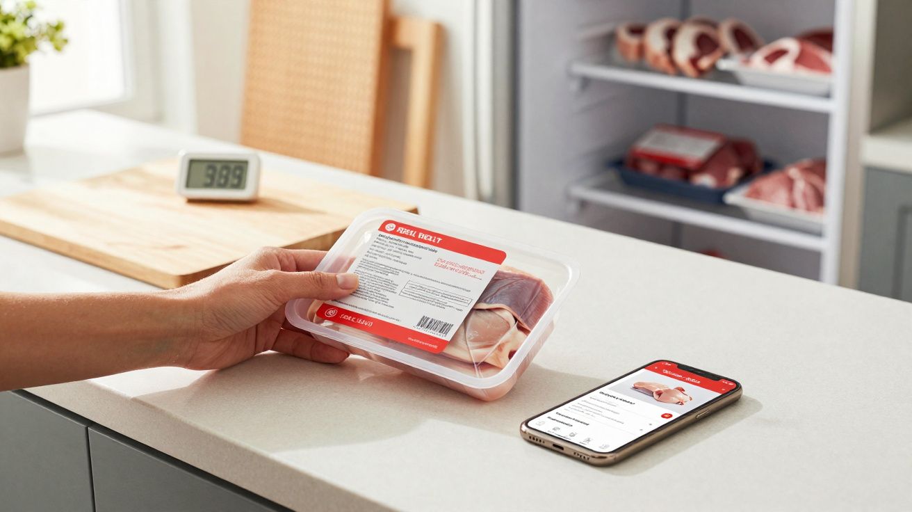 Pessoa a segurar embalagem de carne fresca junto a telemóvel e frigorífico aberto com mais carne no interior.