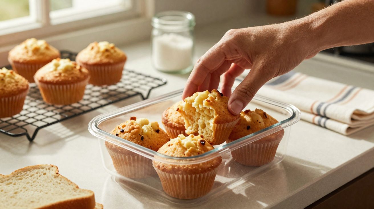 Pessoa a apanhar um muffin com pedaço partido num tabuleiro transparente na cozinha.