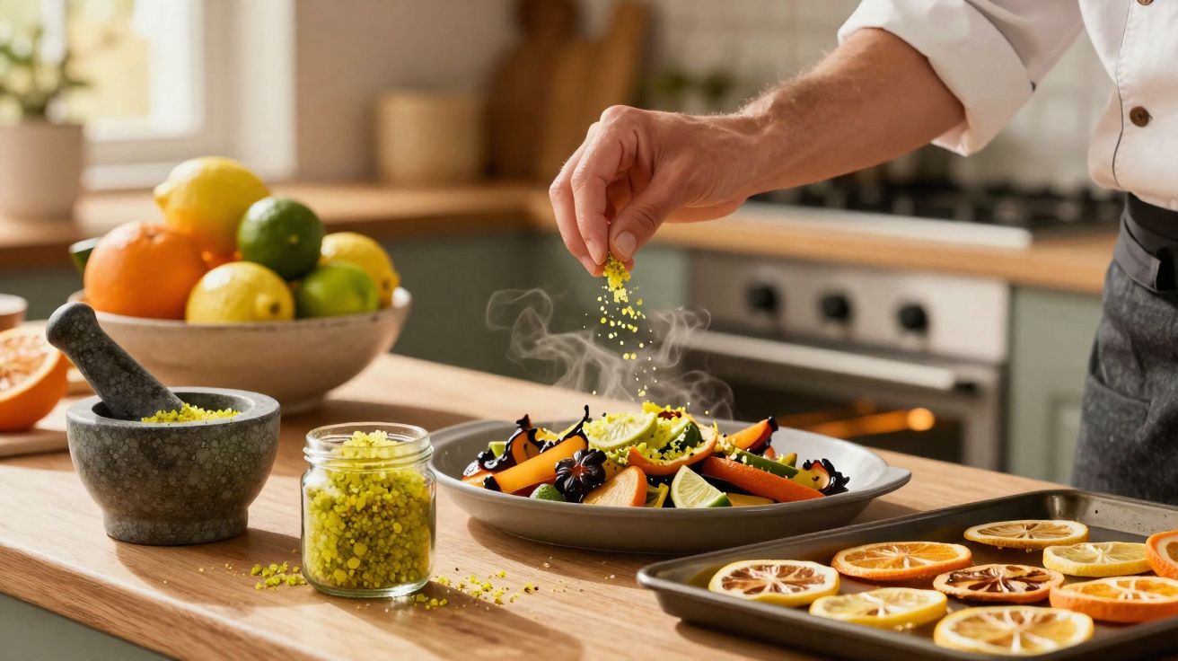 Pessoa a polvilhar especiarias amarelas num prato com legumes numa cozinha moderna.
