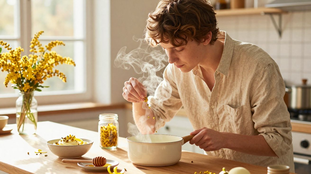 Homem a cozinhar na cozinha a adicionar flores amarelas a um tacho fumegante num ambiente iluminado.