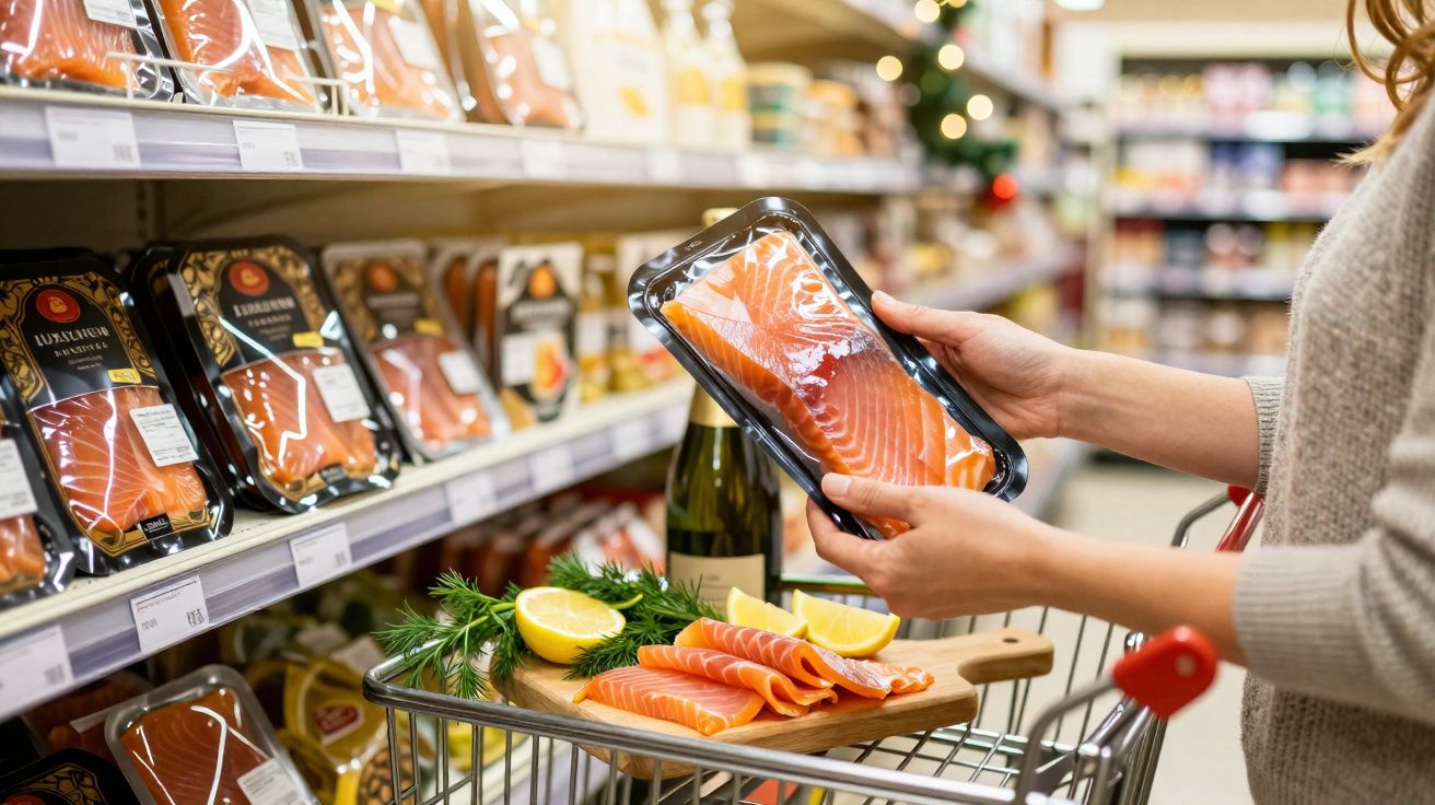 Pessoa a segurar embalagem de salmão no supermercado com tábua de madeira com salmão e limão no carrinho de compras.