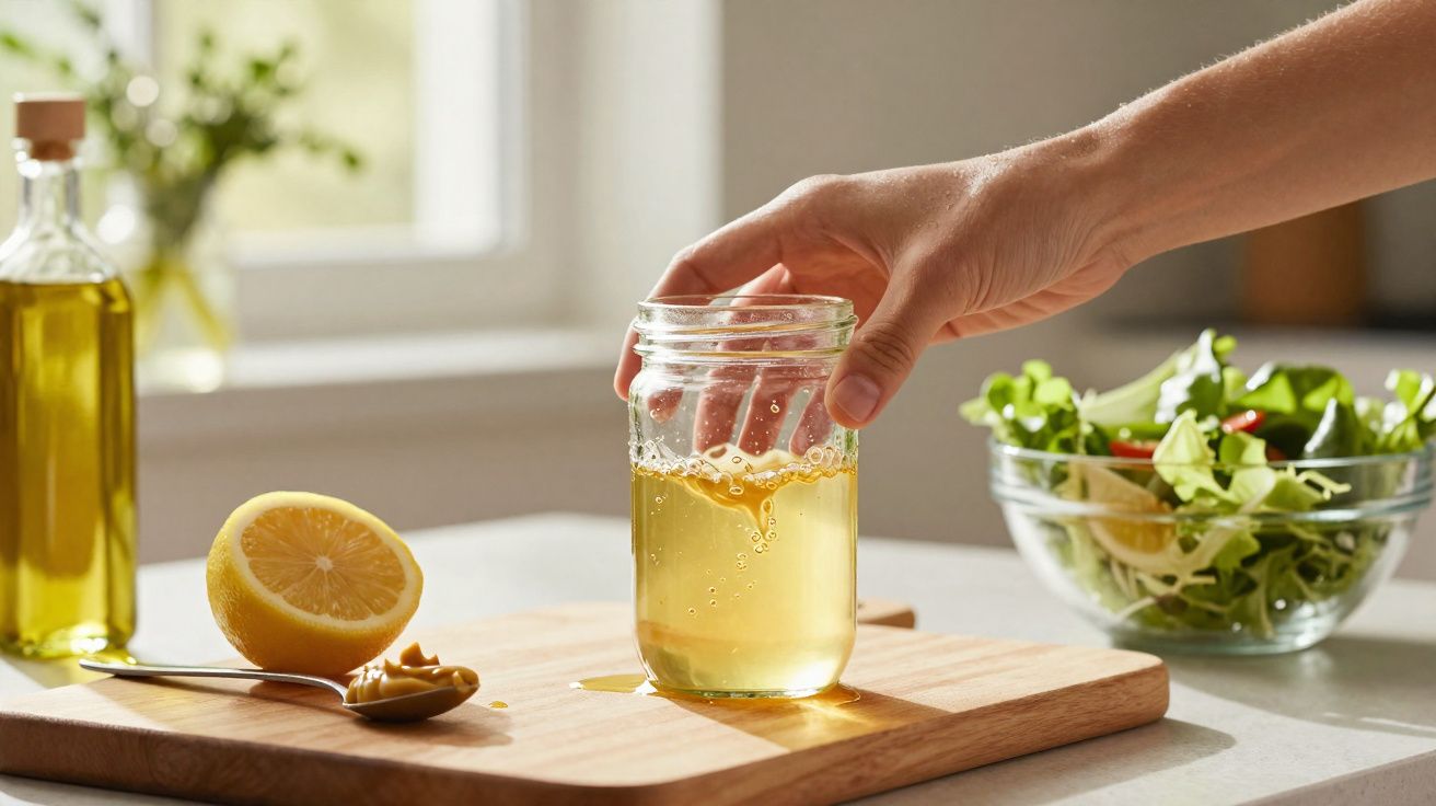 Mão a segurar frasco com vinagre, limão cortado, azeite e salada numa cozinha iluminada.