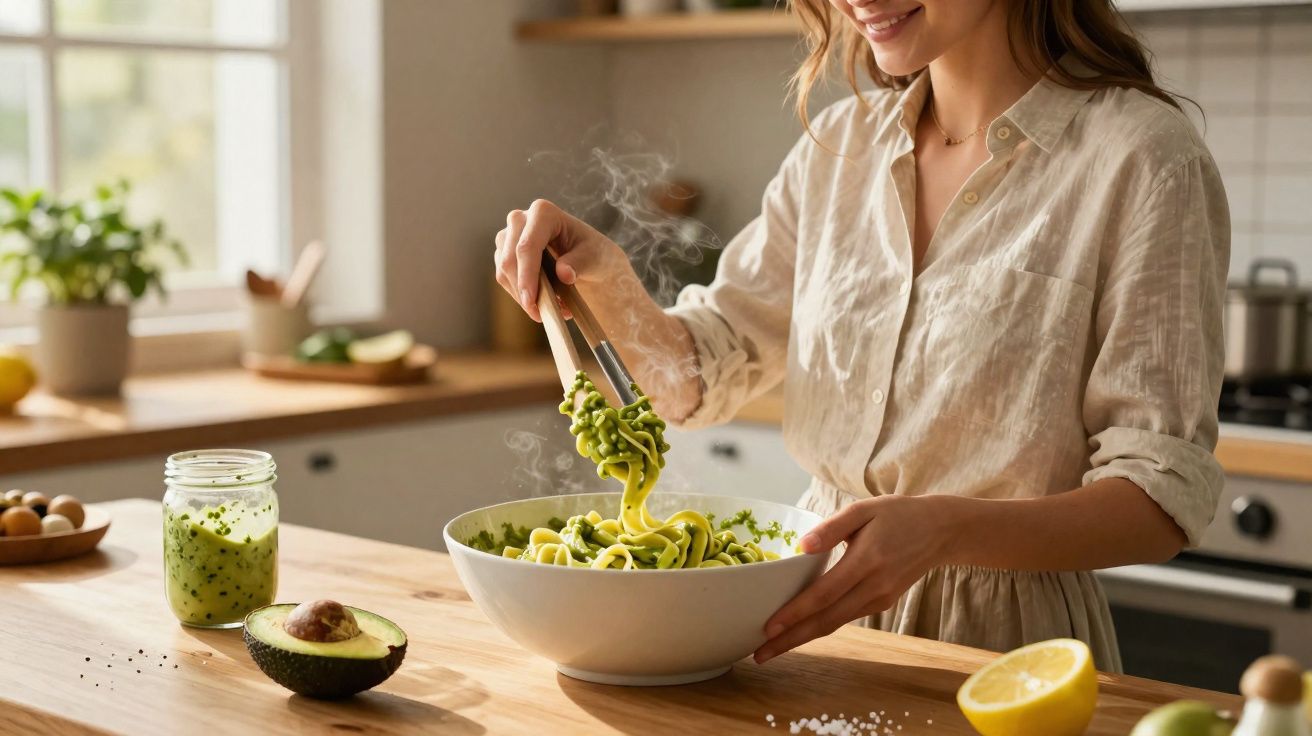 Mulher a preparar esparguete com molho verde numa cozinha luminosa e moderna.