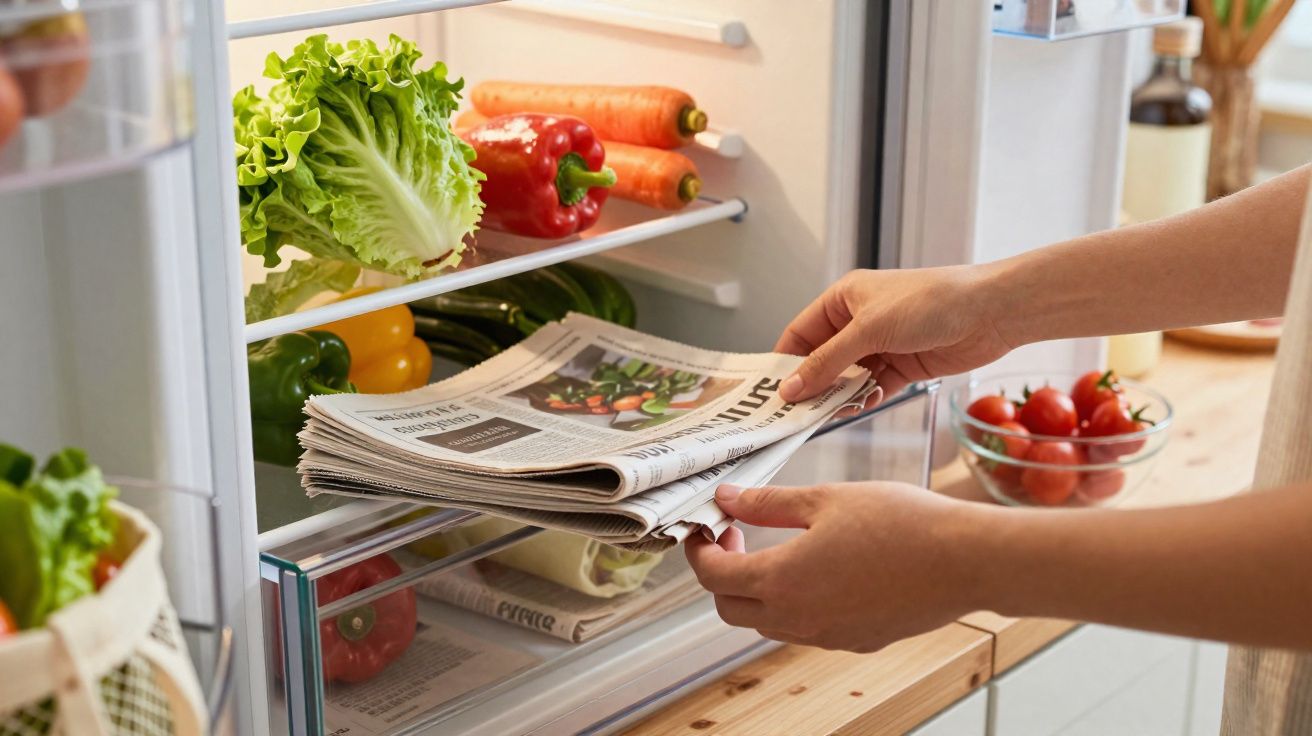 Mãos guardam jornal no frigorífico aberto com legumes frescos, como alface, pimentos e cenouras.