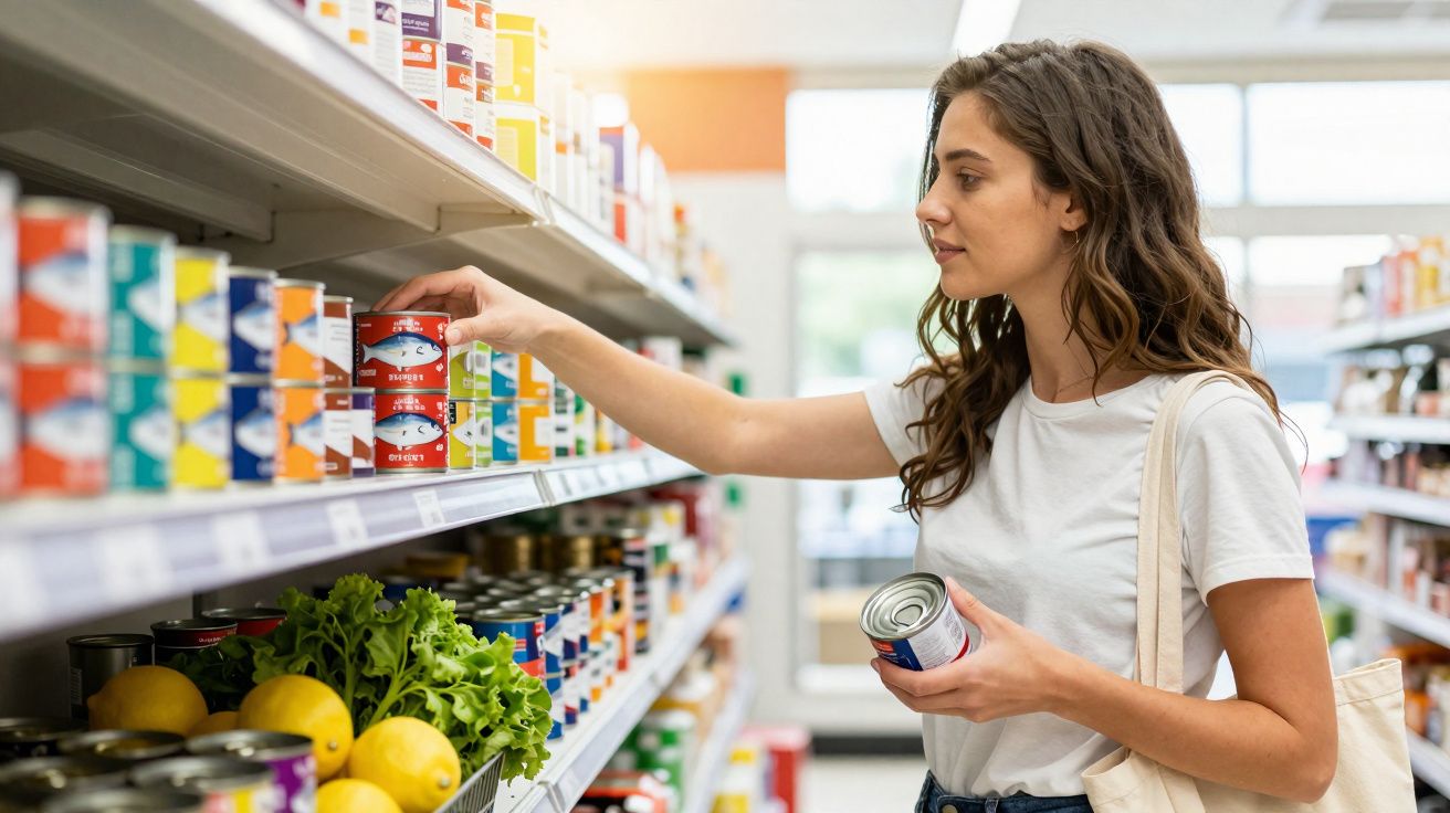 Mulher a escolher latas na prateleira de um supermercado, com sacola ao ombro.