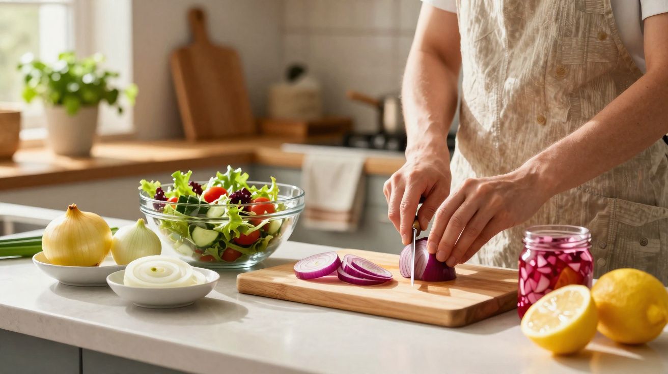 Pessoa a cortar cebola roxa numa tábua com salada, cebolas e limões numa bancada de cozinha.