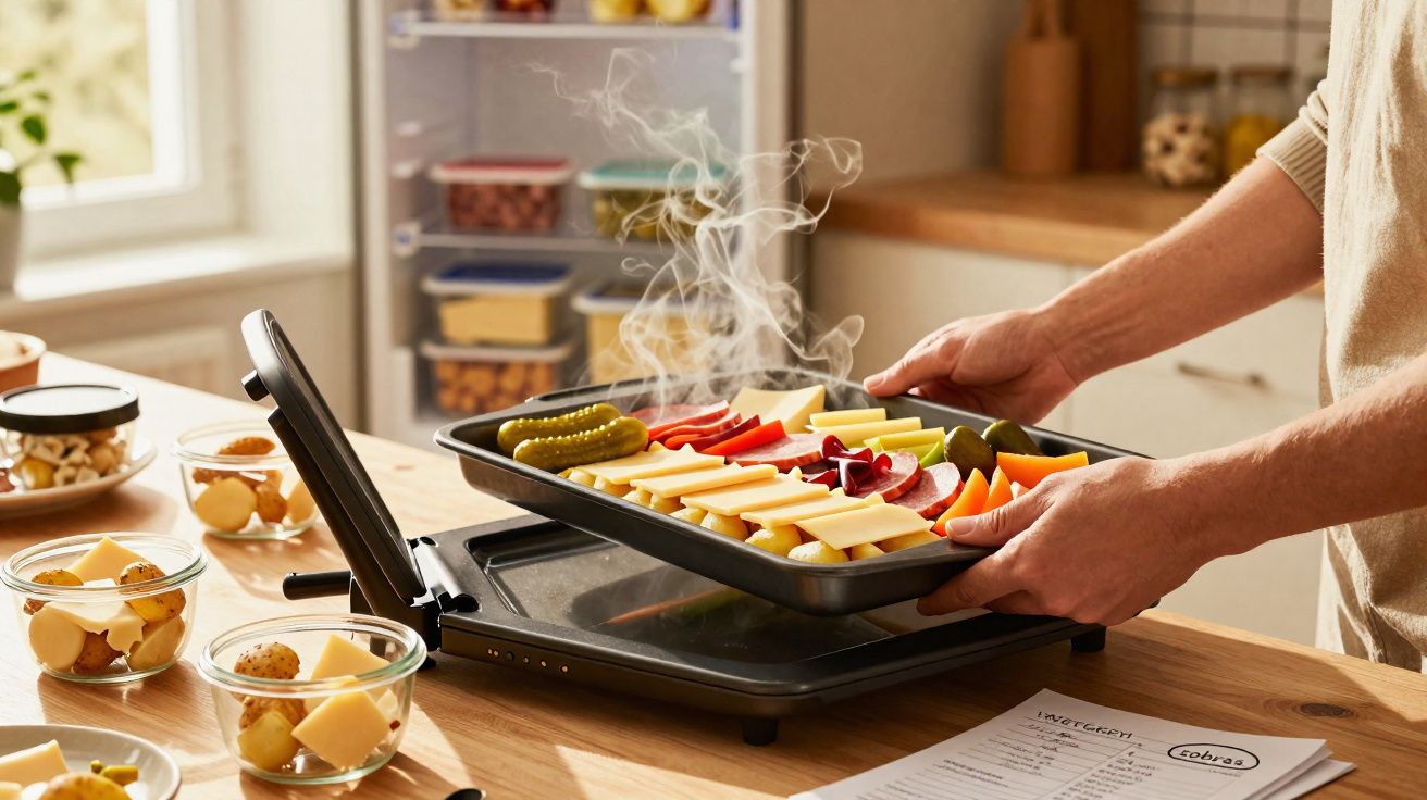 Pessoa a colocar tabuleiro com variedade de queijos, enchidos e legumes num forno elétrico na cozinha.