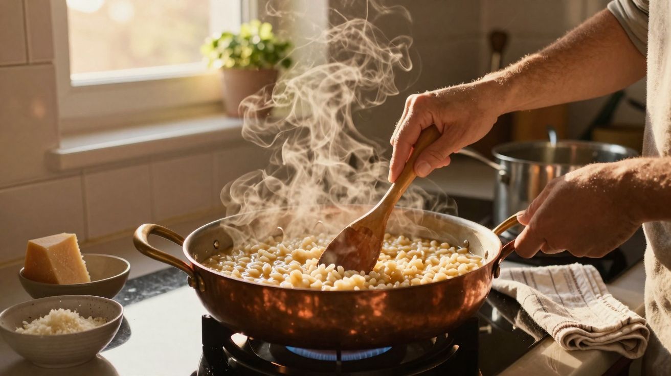 Mãos a mexer massa de nhoque num tacho de cobre fumegante numa cozinha com luz natural.