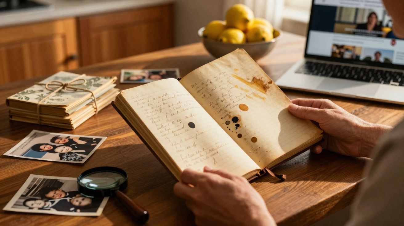Pessoa a folhear um livro antigo com manchas de tinta, rodeada de fotografias, lupa e computador portátil.